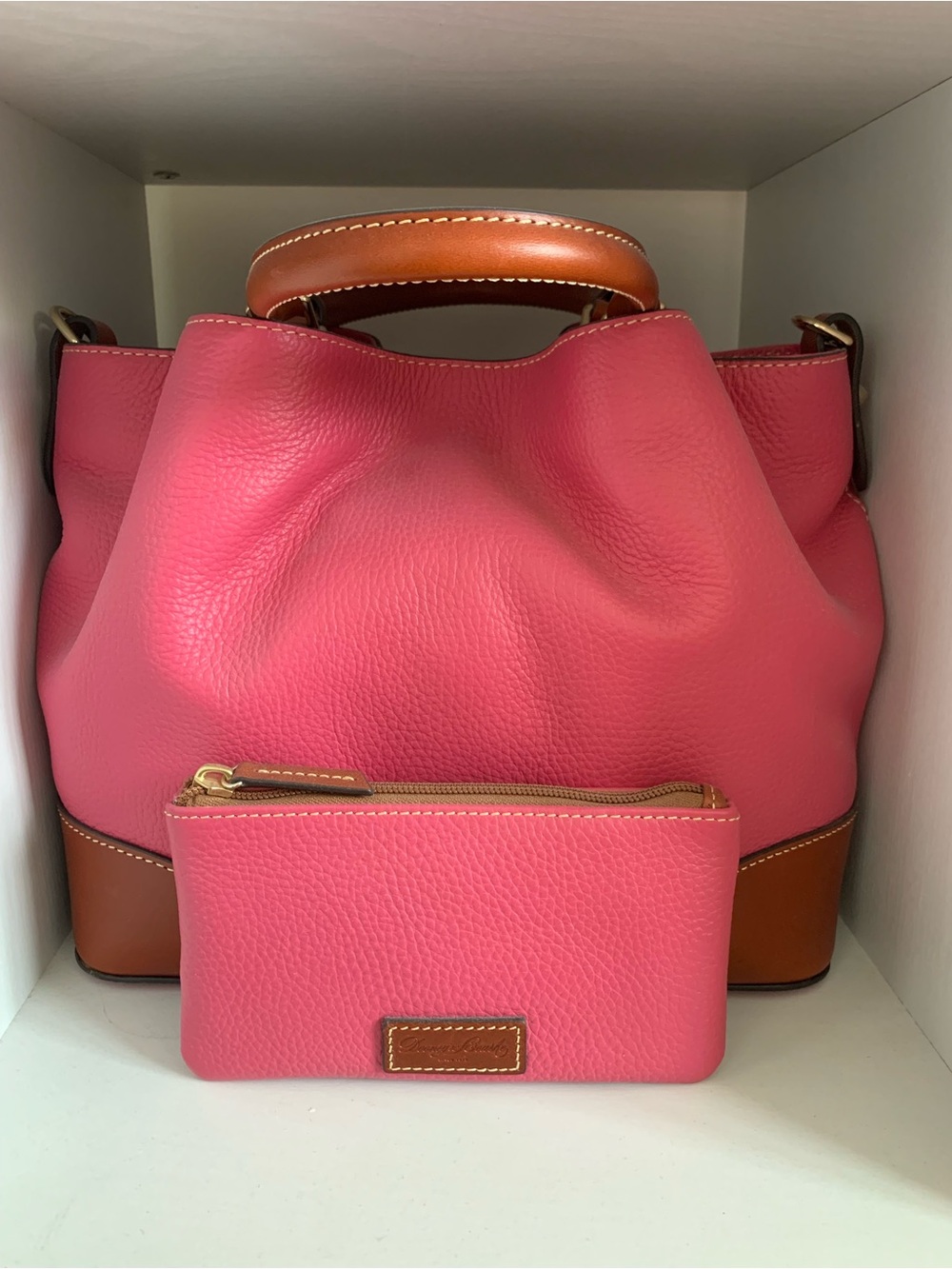 Hot Pink Leather Bucket Bag with Zip Pouch